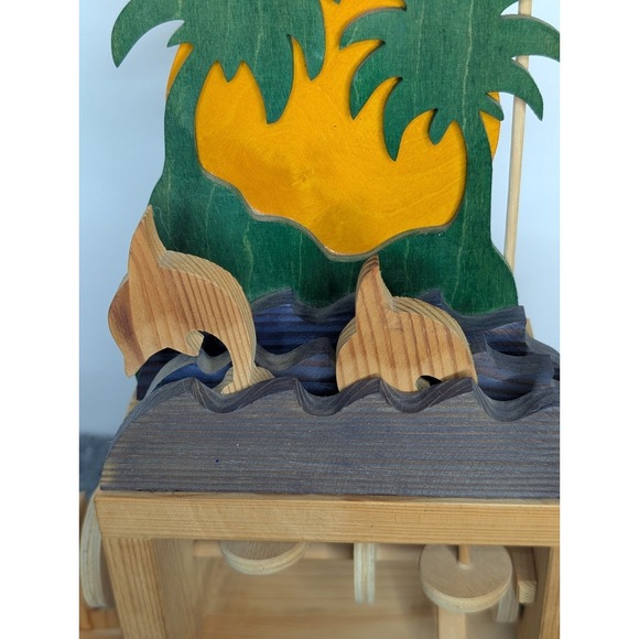 Vintage Wooden Automaton Hand Crank Wood Toy Decor Dolphin Sunset Palm Trees - Picture 4 of 14